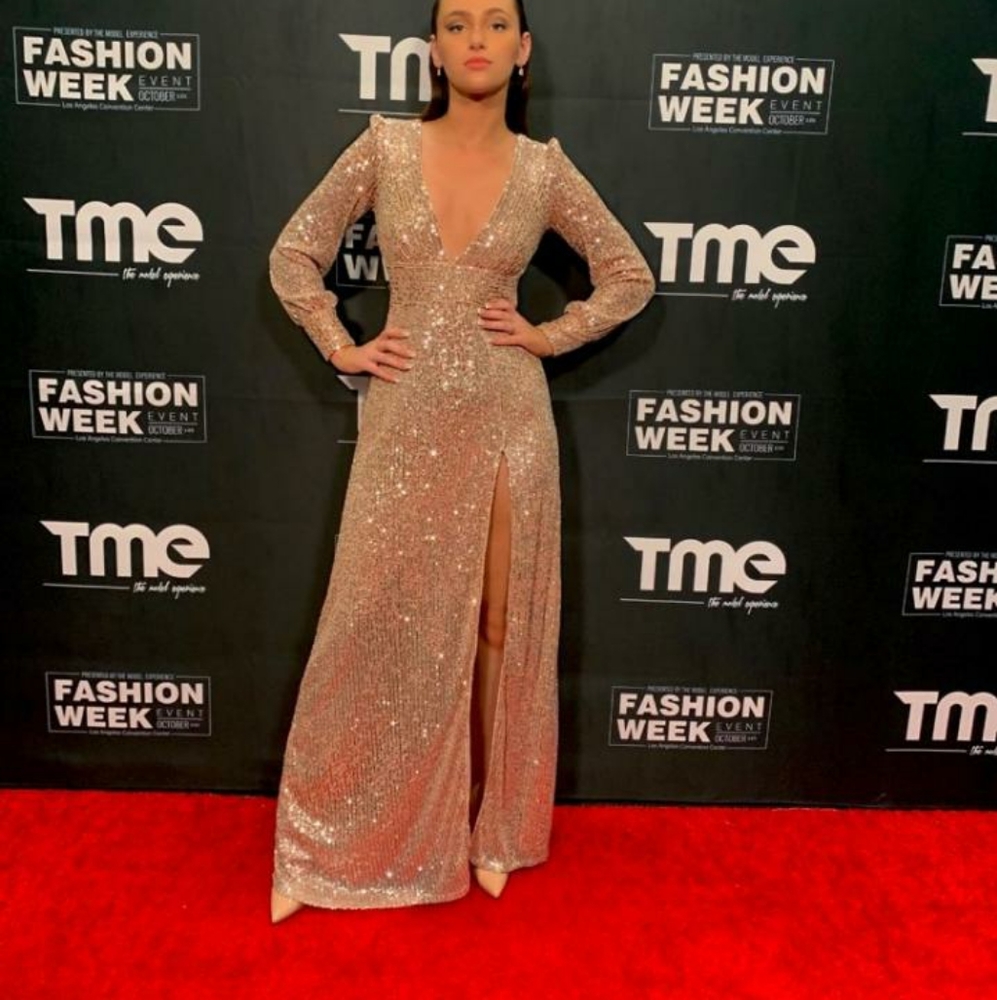 Long rose gold sequence dress